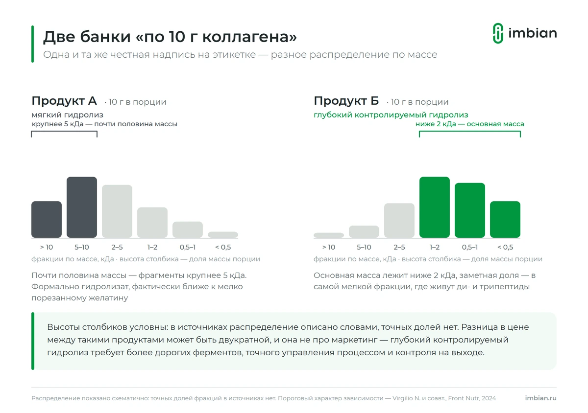 Две банки коллагена по 10 г с разным распределением пептидов по массе