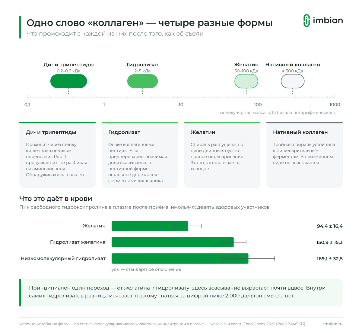 Формы коллагена по молекулярной массе: нативный коллаген, желатин, гидролизат, дипептиды